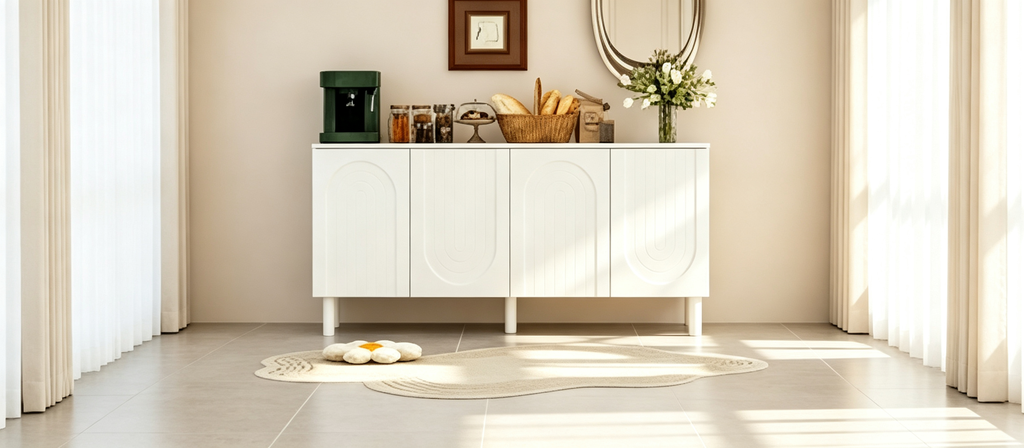Buffet bas en MDF avec pieds en pin et portes cintrées blanches