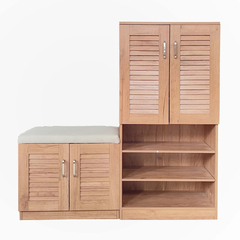 Meuble à chaussures avec portes à persiennes et banc rembourré en chêne naturel brun
