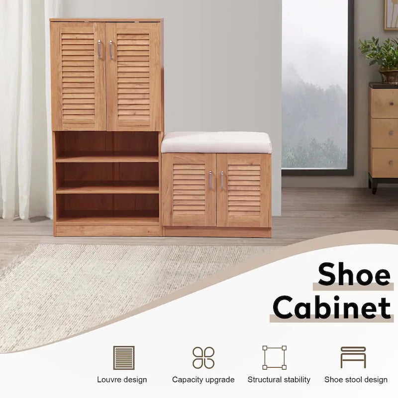 Meuble à chaussures avec portes à persiennes et banc rembourré en chêne naturel brun