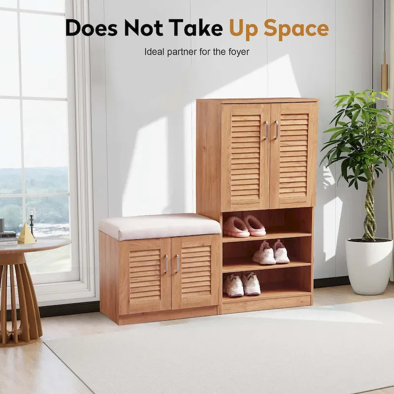 Meuble à chaussures avec portes à persiennes et banc rembourré en chêne naturel brun