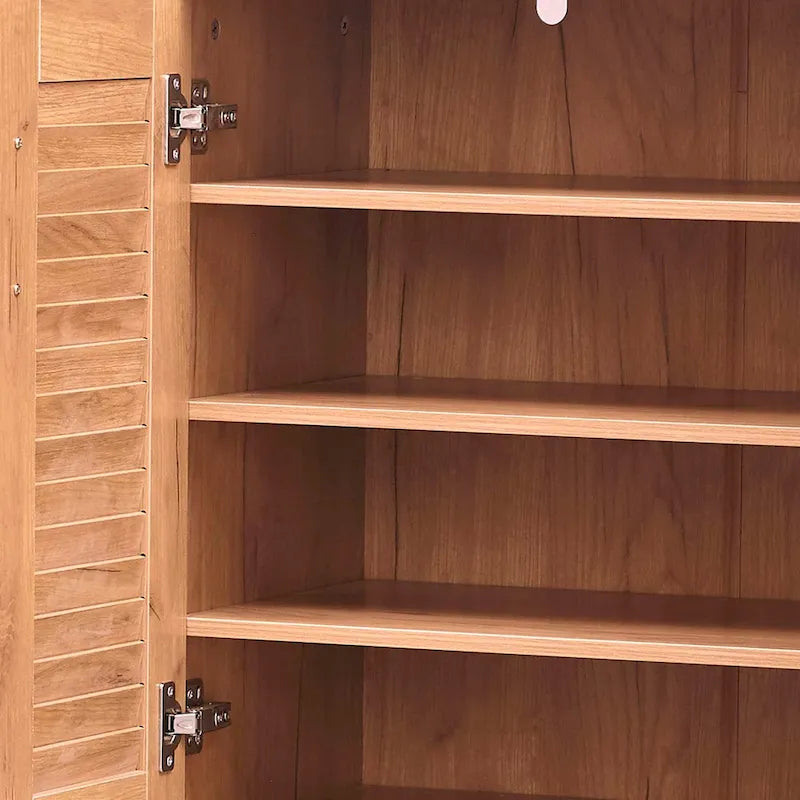 Meuble à chaussures avec portes à persiennes et banc rembourré en chêne naturel brun