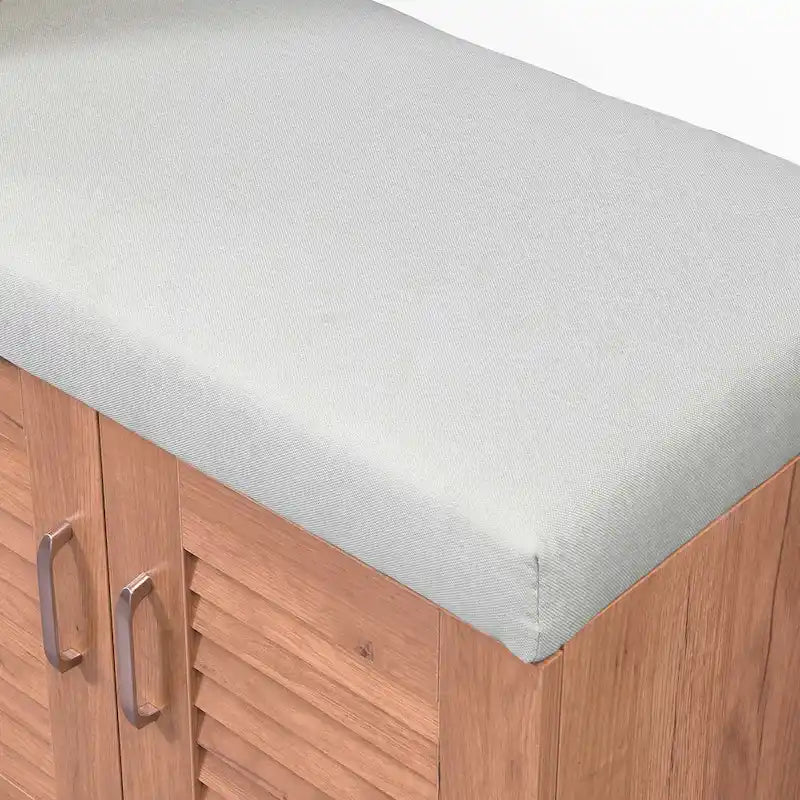 Meuble à chaussures avec portes à persiennes et banc rembourré en chêne naturel brun