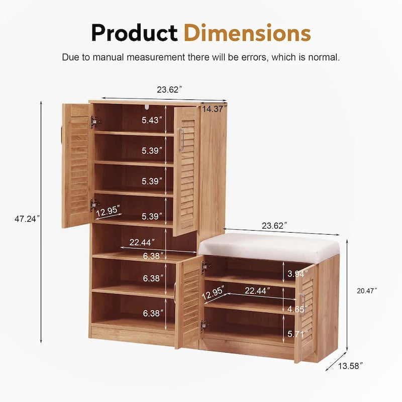 Meuble à chaussures avec portes à persiennes et banc rembourré en chêne naturel brun