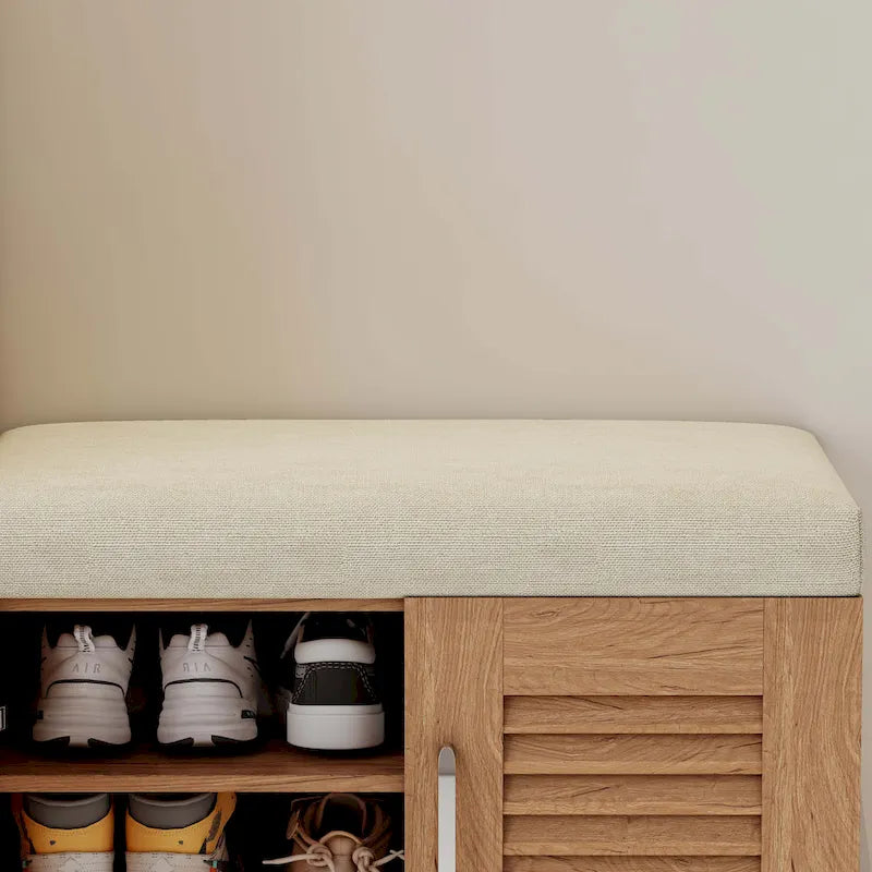 Meuble à chaussures avec portes à persiennes et banc rembourré en chêne naturel brun