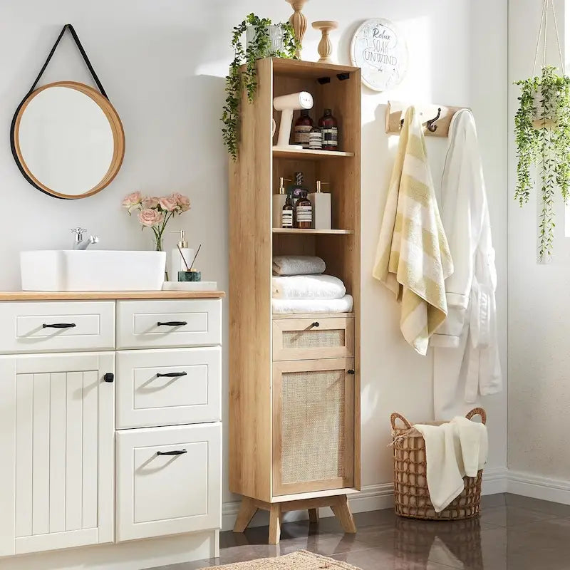 Meuble de rangement haut de salle de bain Boho en rotin, avec étagères réglables, en chêne naturel