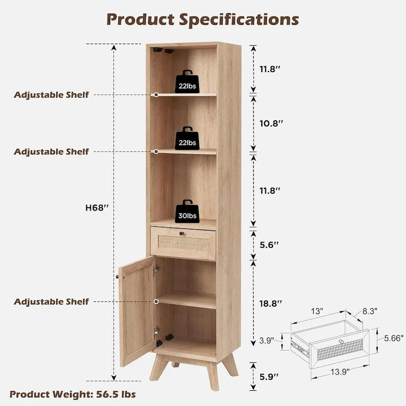 Meuble de rangement haut de salle de bain Boho en rotin, avec étagères réglables, en chêne naturel