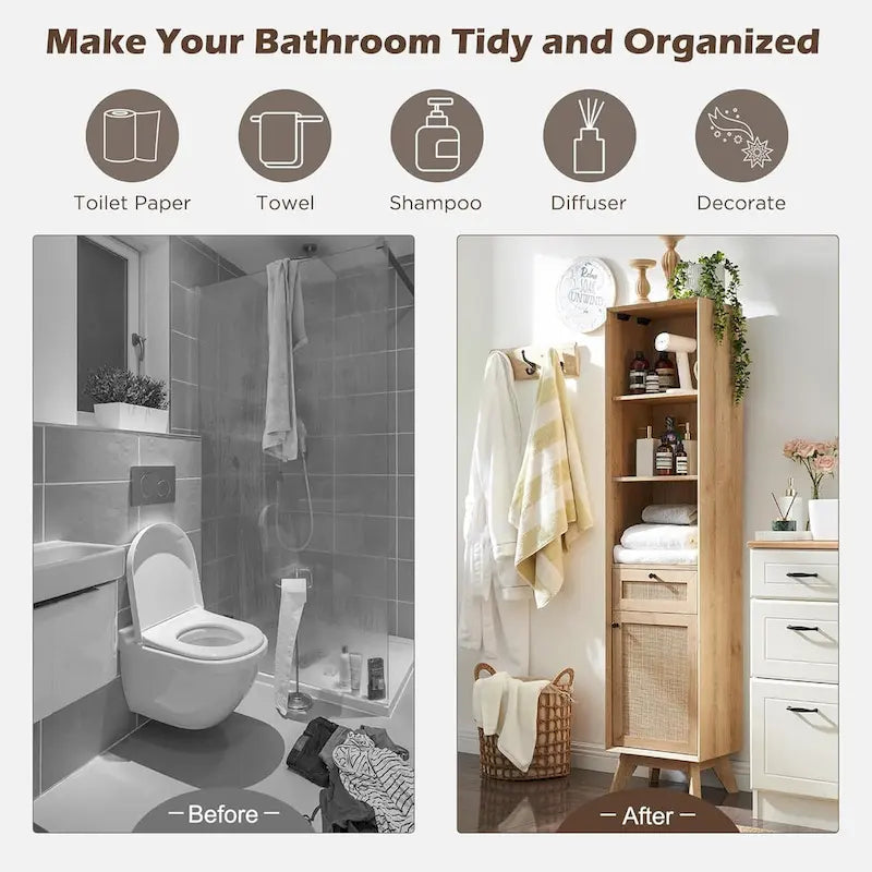 Meuble de rangement haut de salle de bain Boho en rotin, avec étagères réglables, en chêne naturel
