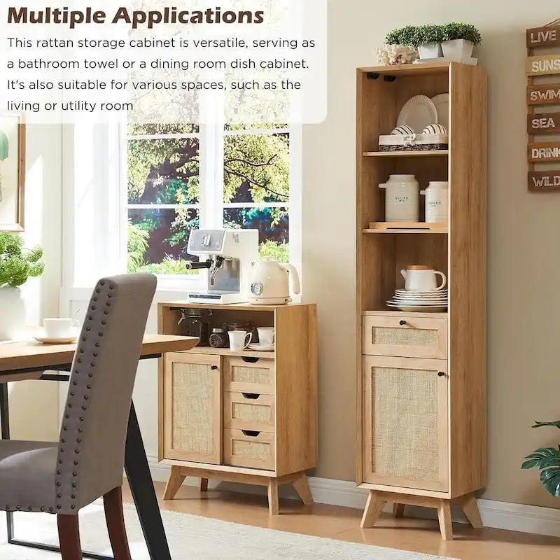 Meuble de rangement haut de salle de bain Boho en rotin, avec étagères réglables, en chêne naturel