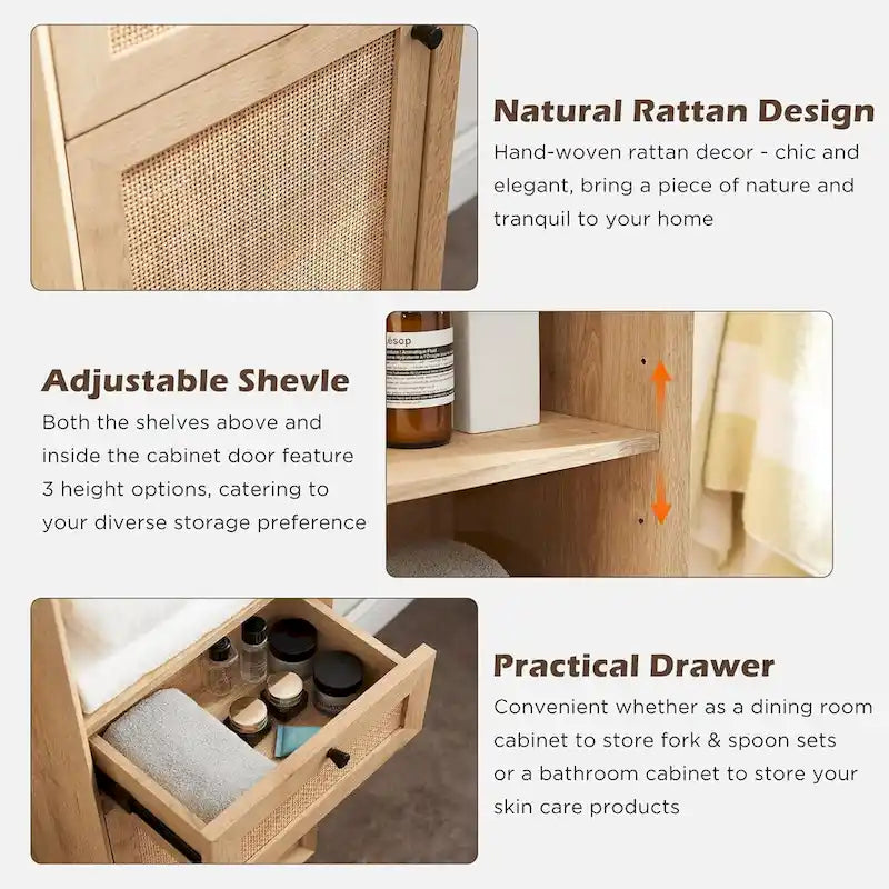 Meuble de rangement haut de salle de bain Boho en rotin, avec étagères réglables, en chêne naturel
