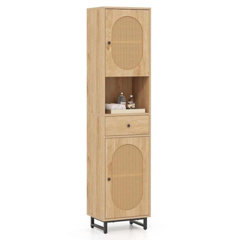Meuble de rangement haut et étroit pour salle de bain avec portes en rotin et tiroir beige