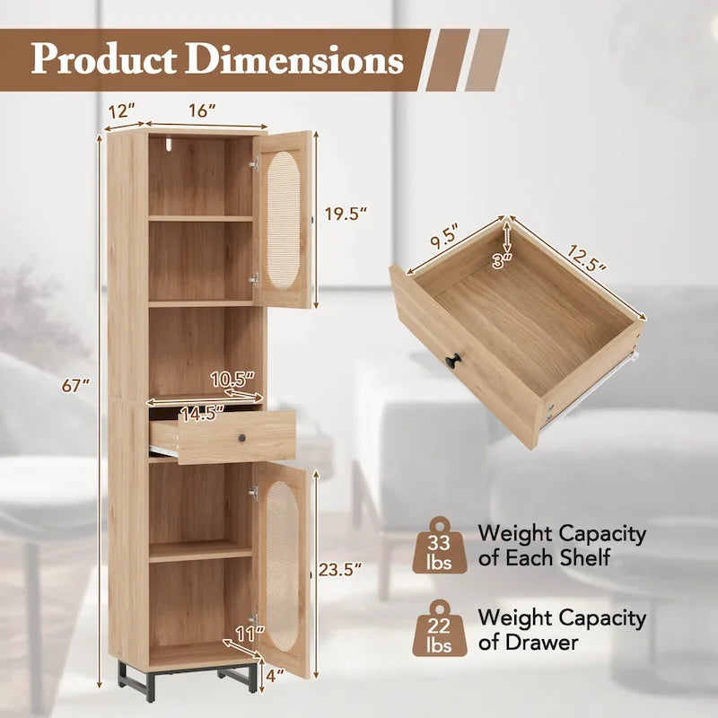 Meuble de rangement haut et étroit pour salle de bain avec portes en rotin et tiroir beige