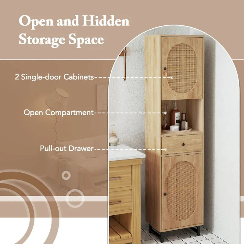 Meuble de rangement haut et étroit pour salle de bain avec portes en rotin et tiroir beige