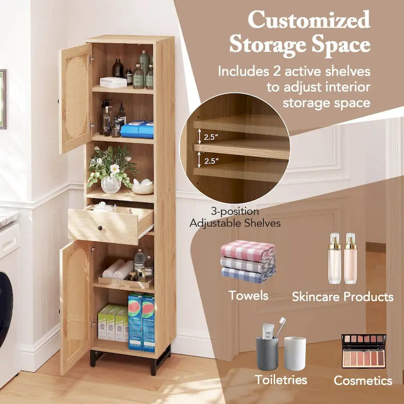 Meuble de rangement haut et étroit pour salle de bain avec portes en rotin et tiroir beige