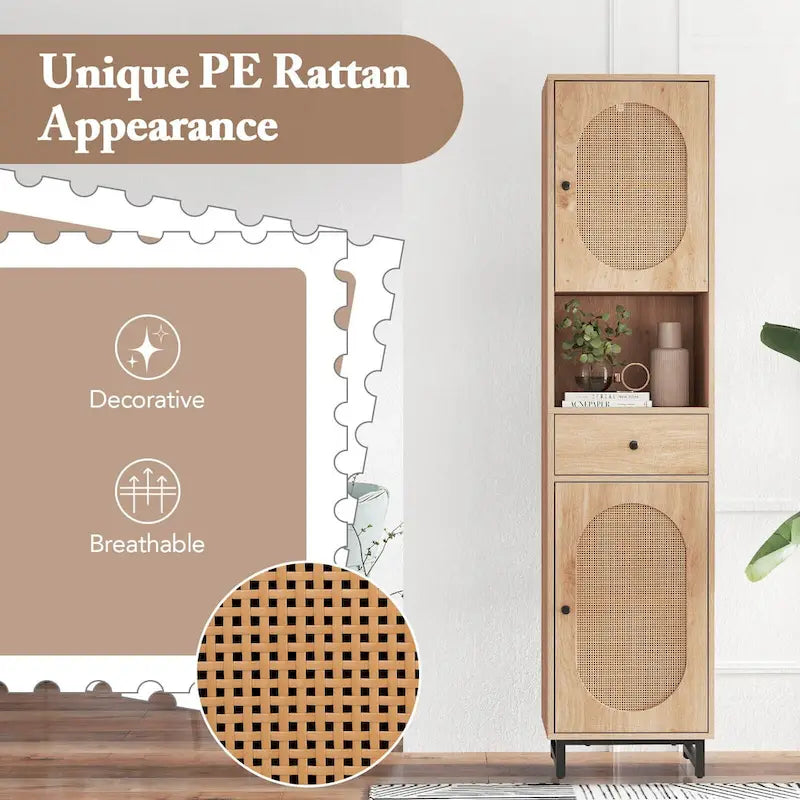 Meuble de rangement haut et étroit pour salle de bain avec portes en rotin et tiroir beige