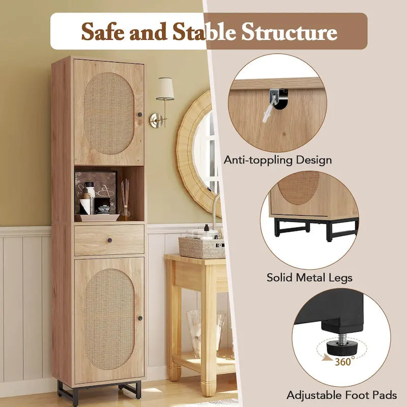 Meuble de rangement haut et étroit pour salle de bain avec portes en rotin et tiroir beige