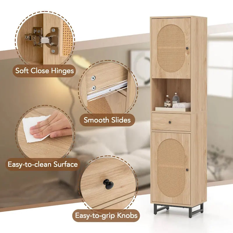 Meuble de rangement haut et étroit pour salle de bain avec portes en rotin et tiroir beige
