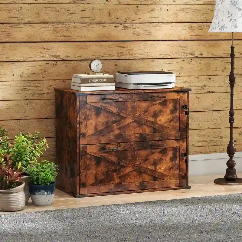 Meuble de rangement en bois à 2 tiroirs verrouillables style porte de grange brun rustique