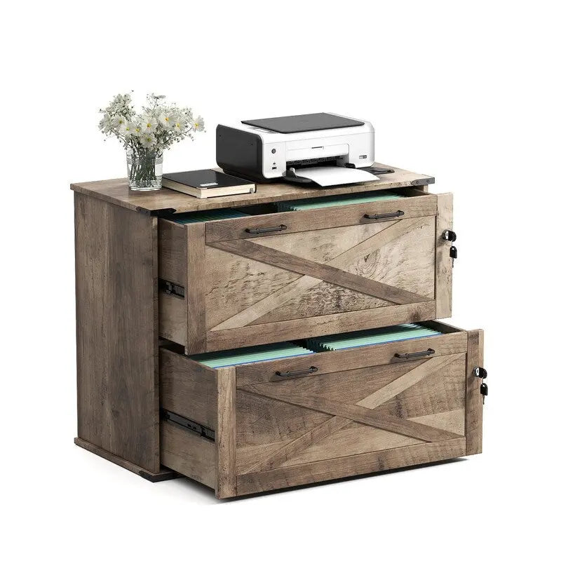 Meuble de rangement en bois à 2 tiroirs verrouillables style porte de grange brun rustique