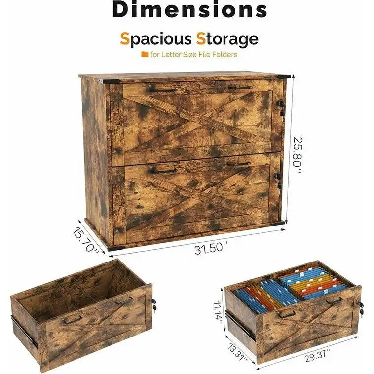 Meuble de rangement en bois à 2 tiroirs verrouillables style porte de grange brun rustique
