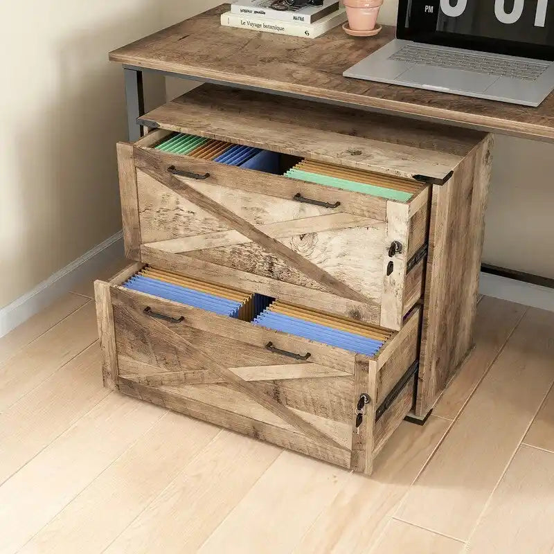 Meuble de rangement en bois à 2 tiroirs verrouillables style porte de grange brun rustique
