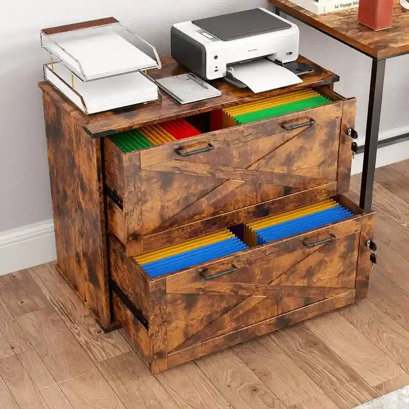 Meuble de rangement en bois à 2 tiroirs verrouillables style porte de grange brun rustique