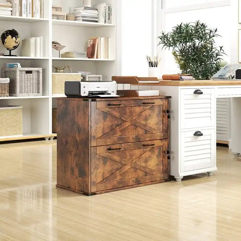 Meuble de rangement en bois à 2 tiroirs verrouillables style porte de grange brun rustique