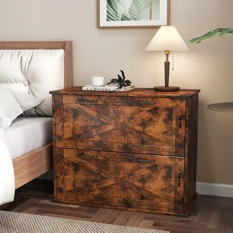 Meuble de rangement en bois à 2 tiroirs verrouillables style porte de grange brun rustique