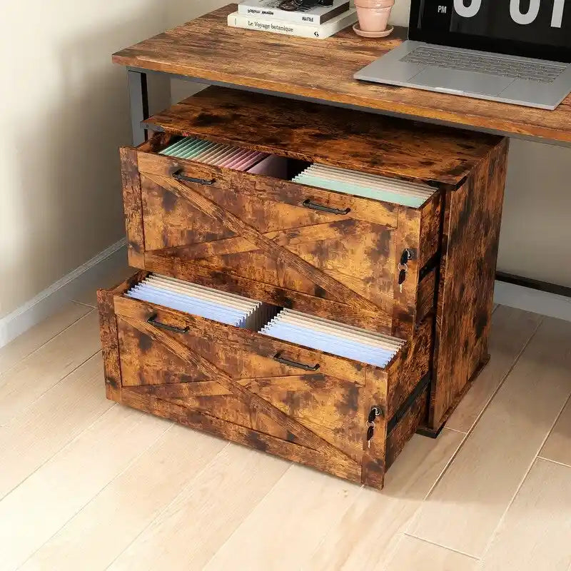 Meuble de rangement en bois à 2 tiroirs verrouillables style porte de grange brun rustique