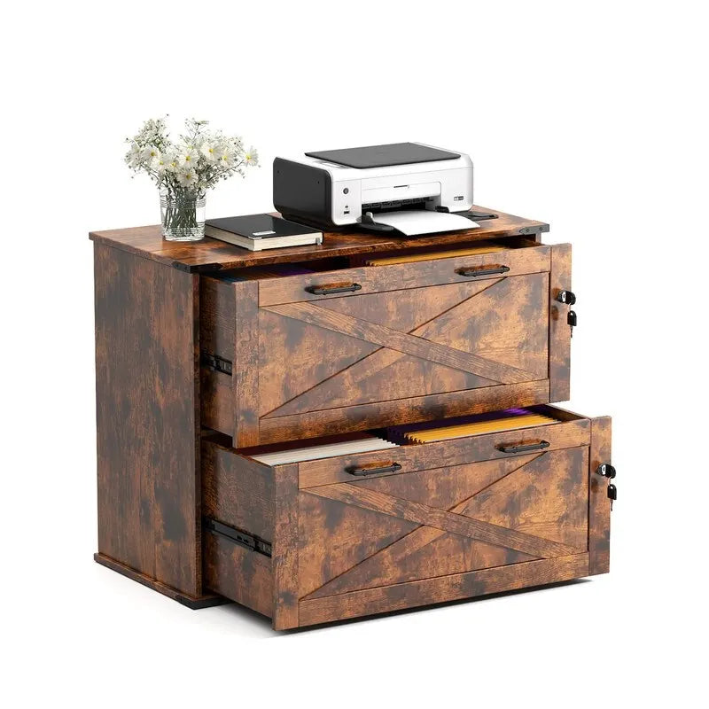 Meuble de rangement en bois à 2 tiroirs verrouillables style porte de grange brun rustique