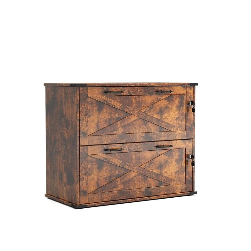 Meuble de rangement en bois à 2 tiroirs verrouillables style porte de grange brun rustique