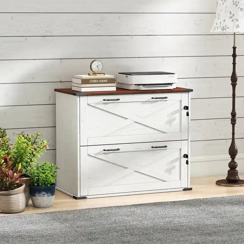 Meuble de rangement en bois à 2 tiroirs verrouillables style porte de grange brun rustique