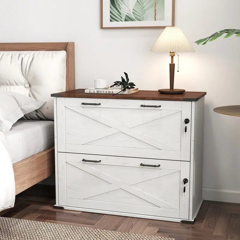 Meuble de rangement en bois à 2 tiroirs verrouillables style porte de grange brun rustique