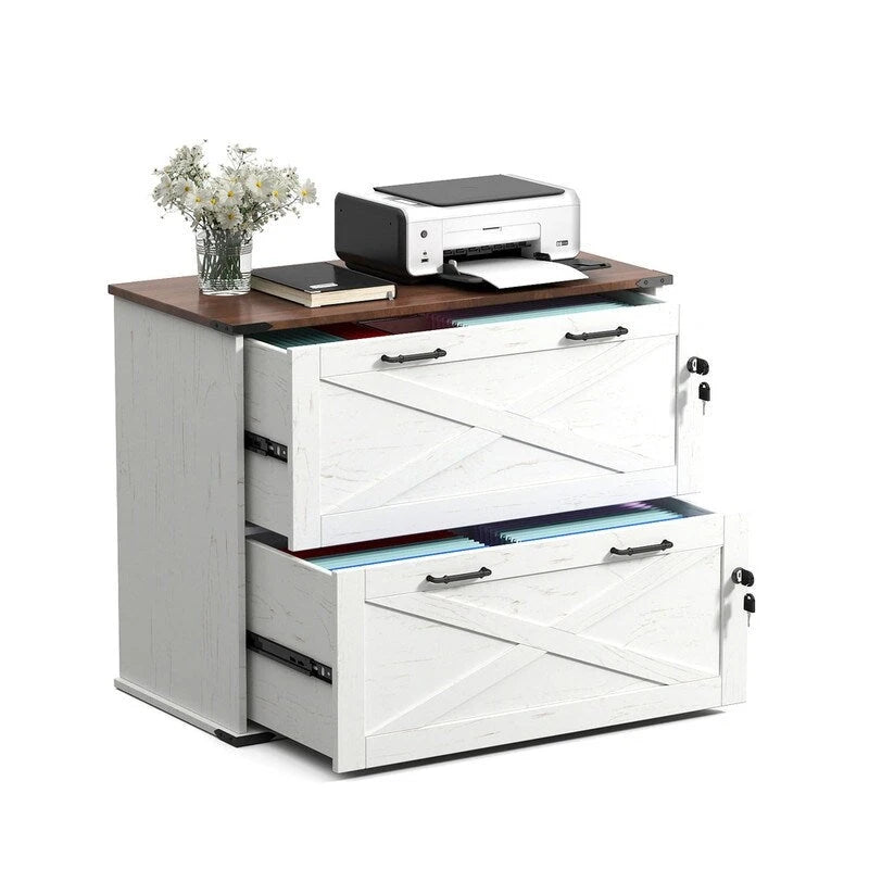 Meuble de rangement en bois à 2 tiroirs verrouillables style porte de grange brun rustique