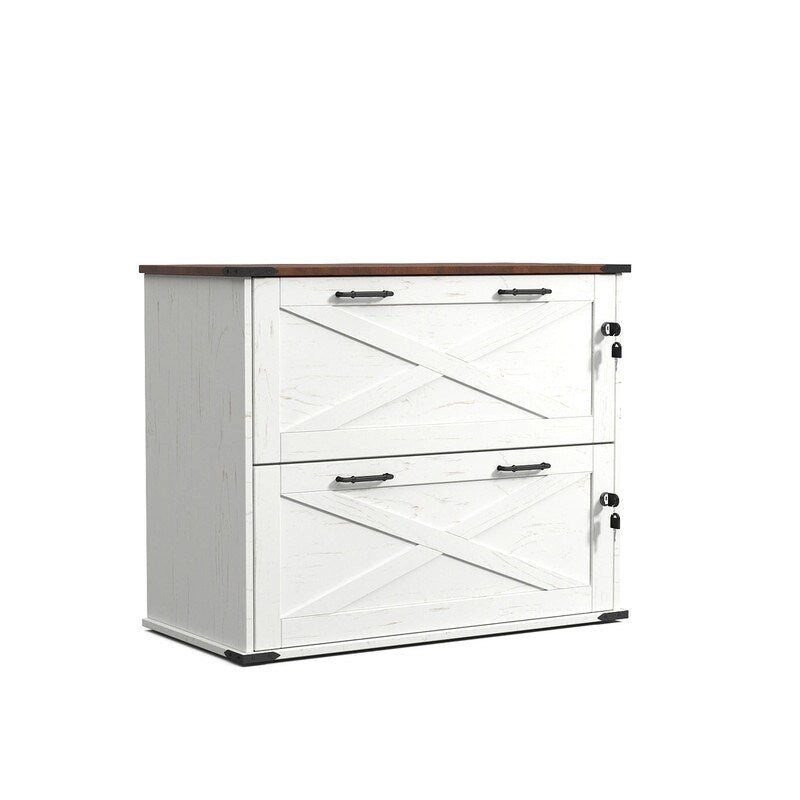 Meuble de rangement en bois à 2 tiroirs verrouillables style porte de grange brun rustique