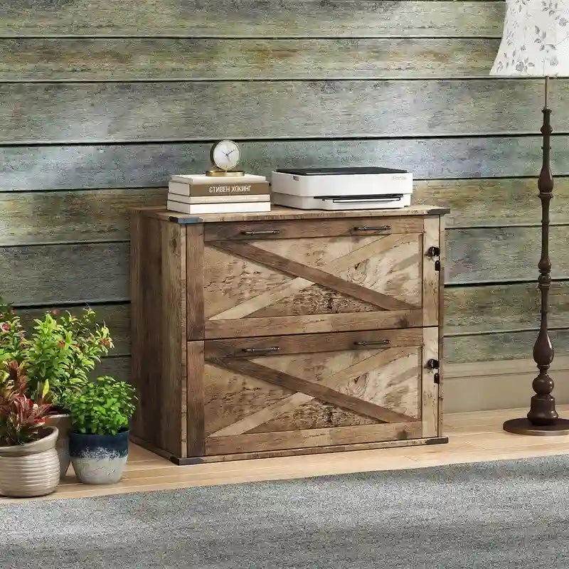 Meuble de rangement en bois à 2 tiroirs verrouillables style porte de grange brun rustique