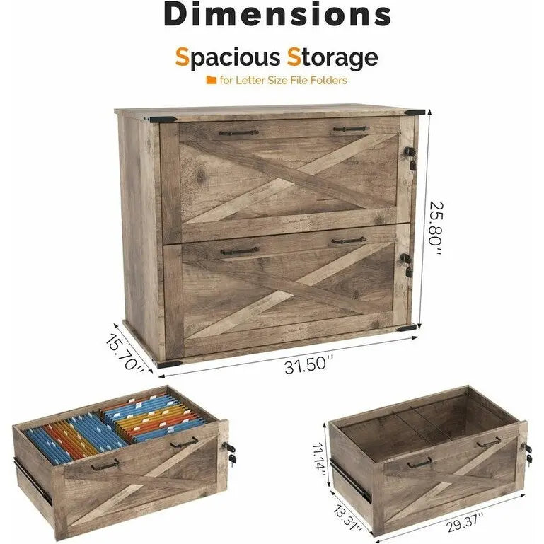 Meuble de rangement en bois à 2 tiroirs verrouillables style porte de grange brun rustique