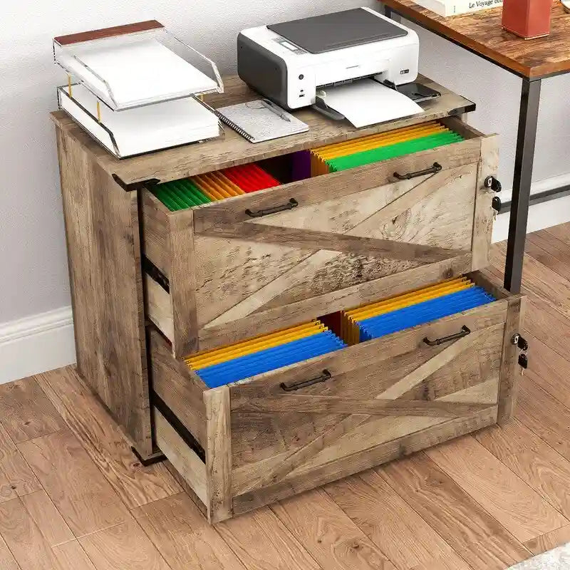Meuble de rangement en bois à 2 tiroirs verrouillables style porte de grange brun rustique