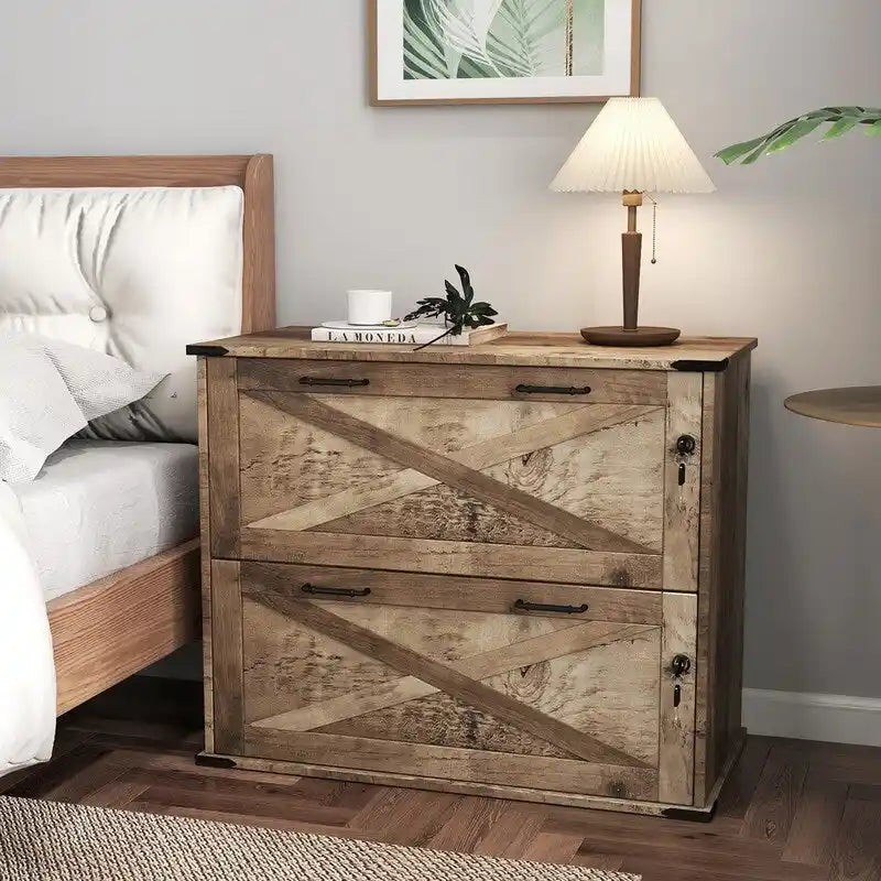 Meuble de rangement en bois à 2 tiroirs verrouillables style porte de grange brun rustique