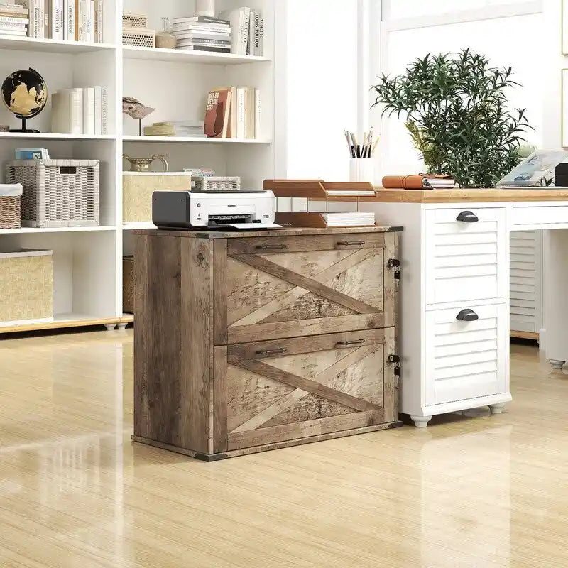 Meuble de rangement en bois à 2 tiroirs verrouillables style porte de grange brun rustique
