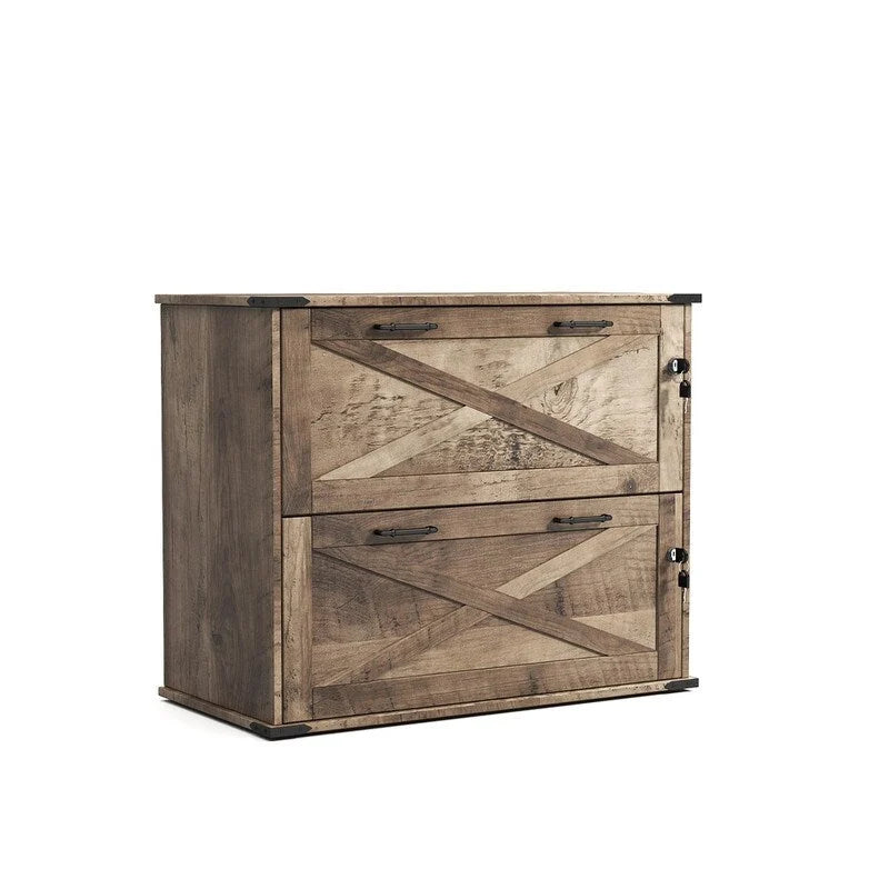 Meuble de rangement en bois à 2 tiroirs verrouillables style porte de grange brun rustique