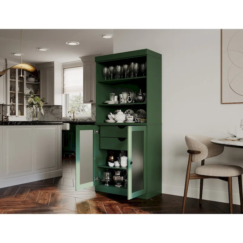 Meuble de rangement en bois massif avec portes en verre dépoli et étagères réglables, plusieurs coloris