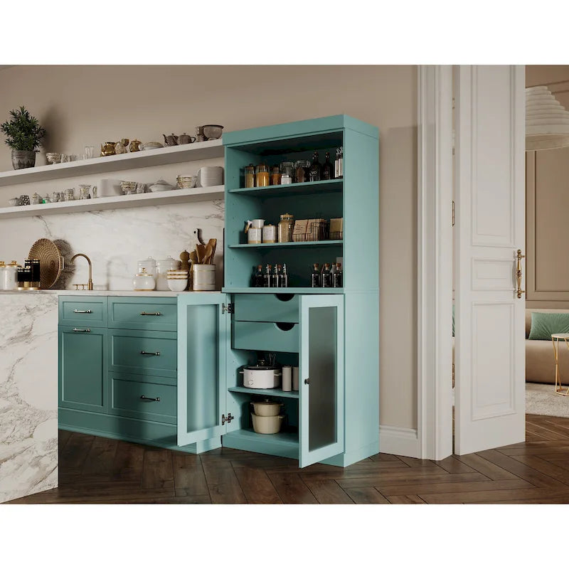 Meuble de rangement en bois massif avec portes en verre dépoli et étagères réglables, plusieurs coloris