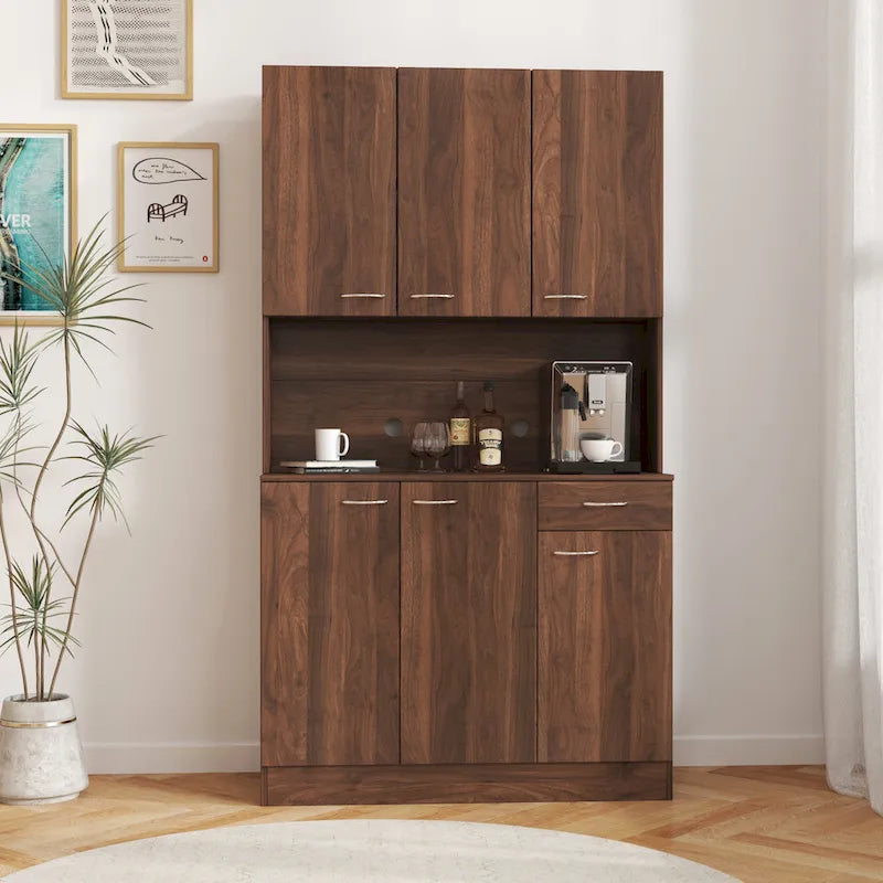 Modern Tall Cabinet with 6 Doors, 1 Open Shelf and 1 Drawer for Bedroom, Kitchen