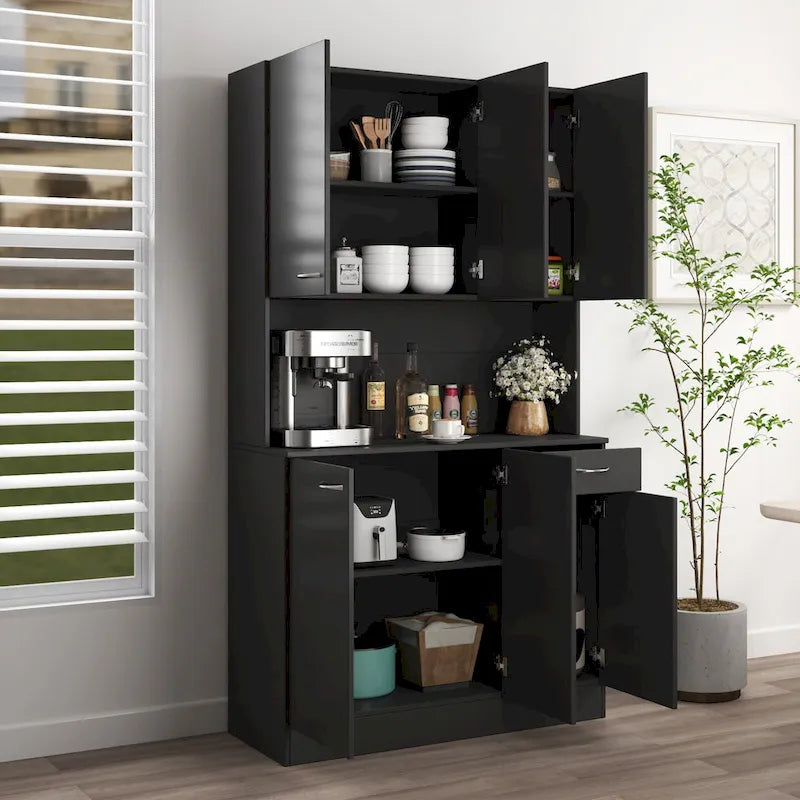 Armoire haute 6 portes avec tiroir et étagère ouverte Chêne blanc Noyer noir