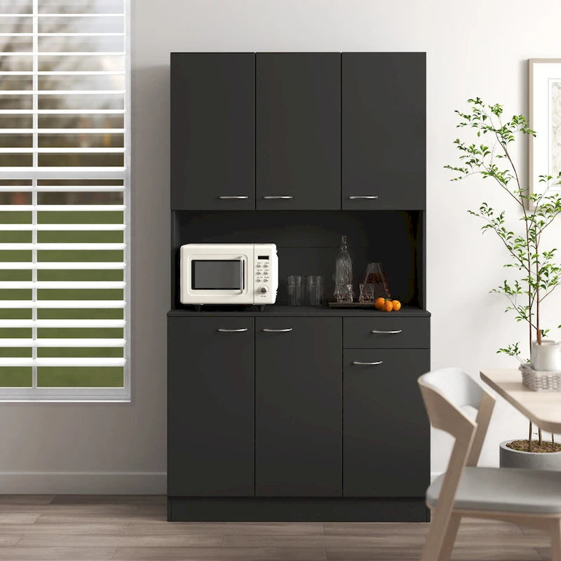 Armoire haute 6 portes avec tiroir et étagère ouverte Chêne blanc Noyer noir