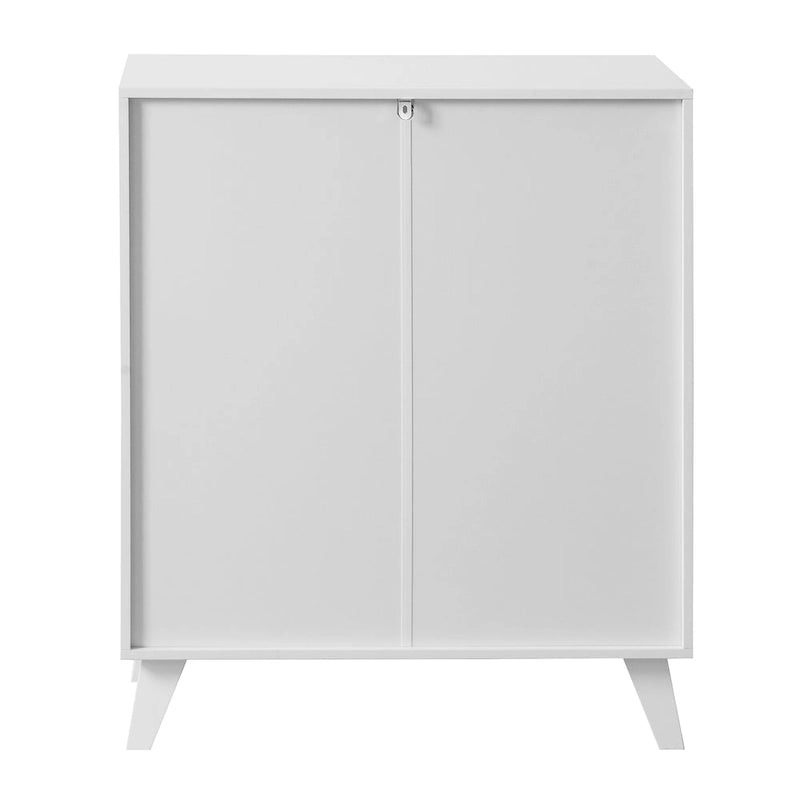Buffet en bois blanc avec portes vitrées et étagère réglable, style minimaliste