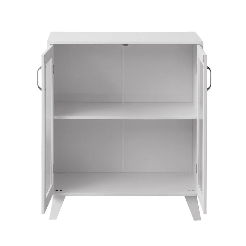 Buffet en bois blanc avec portes vitrées et étagère réglable, style minimaliste