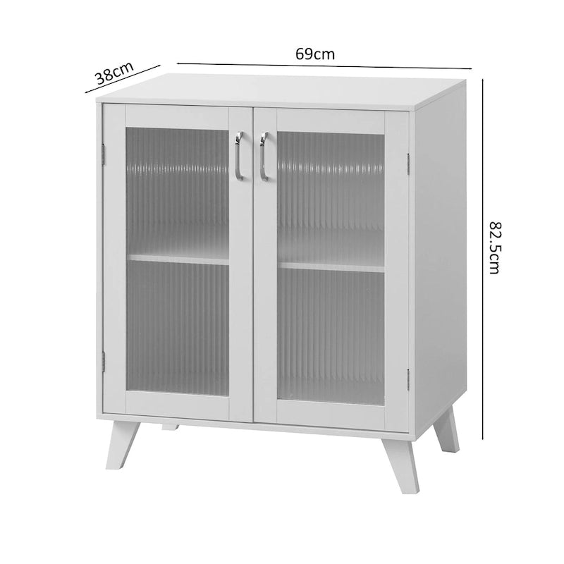 Buffet en bois blanc avec portes vitrées et étagère réglable, style minimaliste