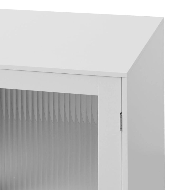 Buffet en bois blanc avec portes vitrées et étagère réglable, style minimaliste