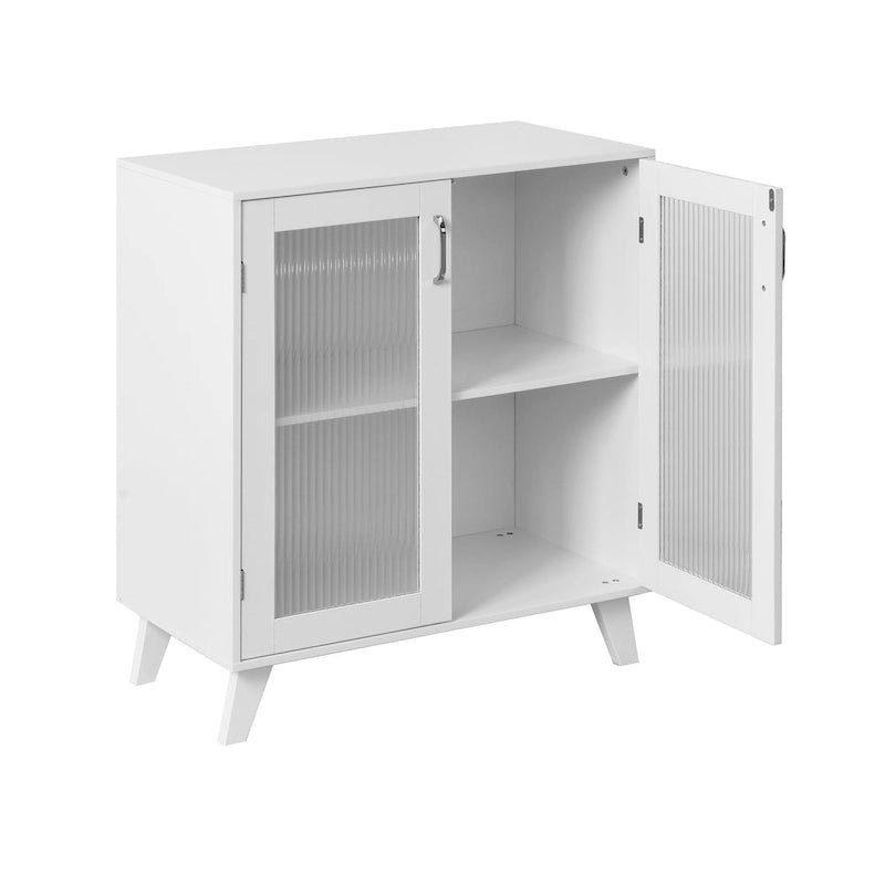 Buffet en bois blanc avec portes vitrées et étagère réglable, style minimaliste